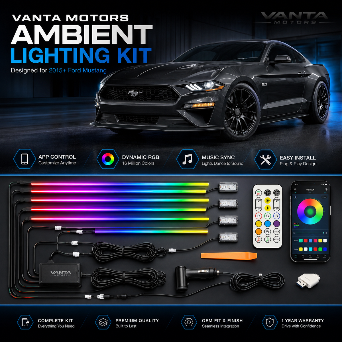 Premium RGB Interior Ambient Lighting Kit for 2015+ Ford Mustang