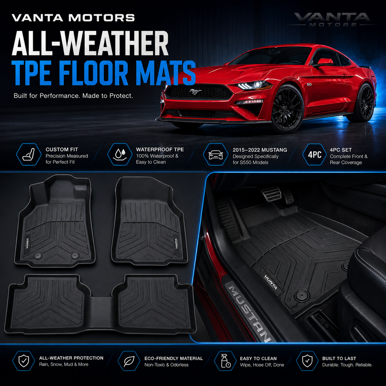 All-Weather TPE Floor Mats for 2015–2022 Ford Mustang | Full Interior Protection