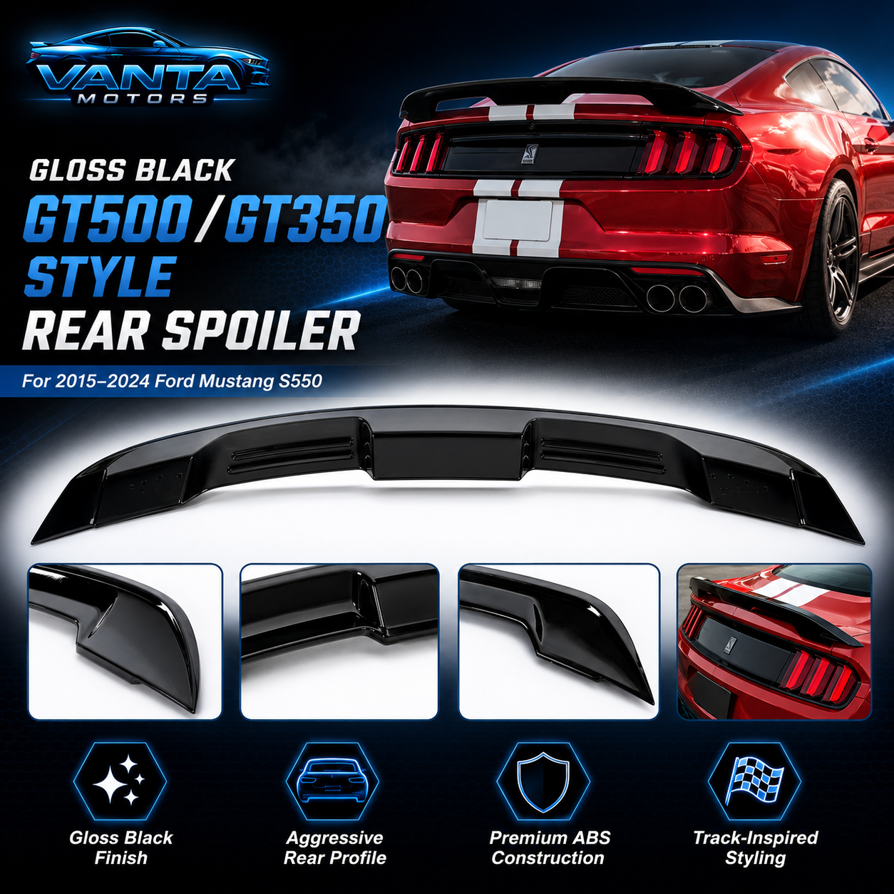 Gloss Black Rear Spoiler Wing for 2015–2024 Ford Mustang S550
