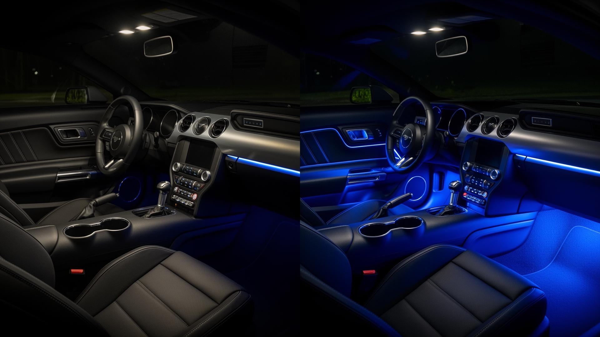 Mustang interior before and after Vanta Motors ambient lighting upgrade