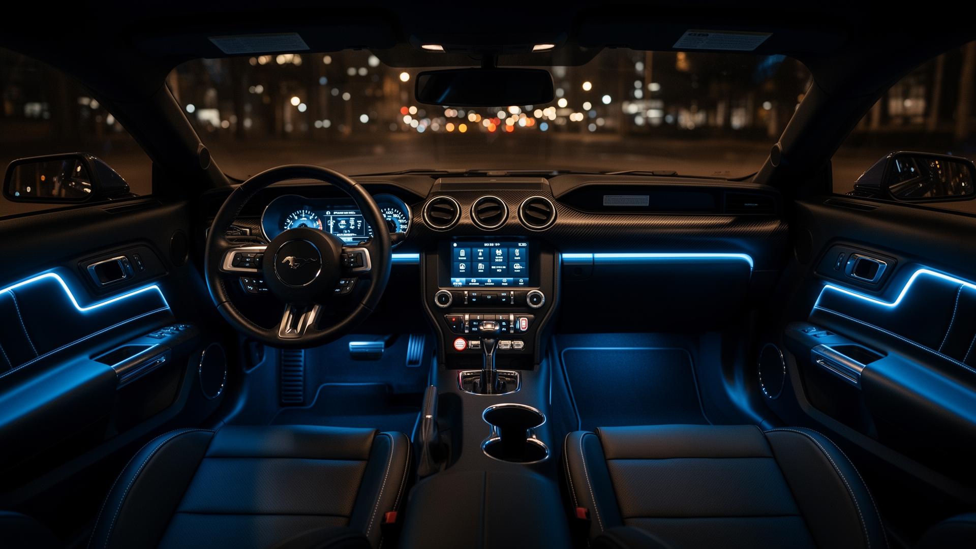 Modern Ford Mustang interior with electric blue ambient lighting at night