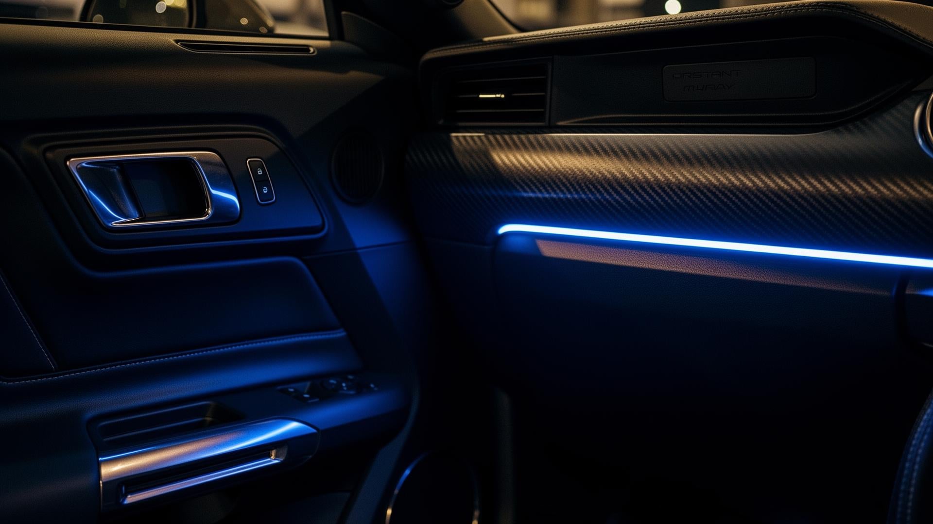 Carbon fiber Mustang interior detail with ambient blue lighting